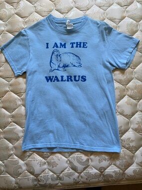 Light Blue Short Sleeve Tee with Beatle reference I Am the Walrus Print